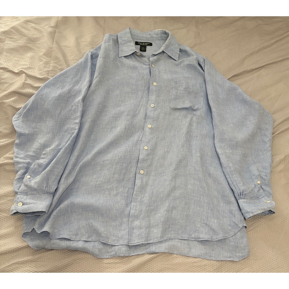 Brooks Brothers Shirt Mens XL Blue Herringbone 100% Irish Linen Long Sleeve